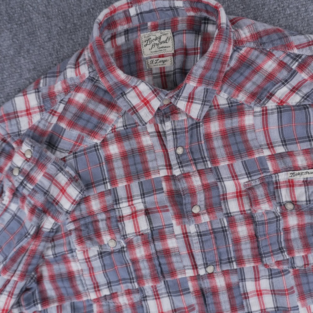 Lucky Brand Western Shirt XL Red Blue Plaid Patchwork Pearl Snap Button Long Slv